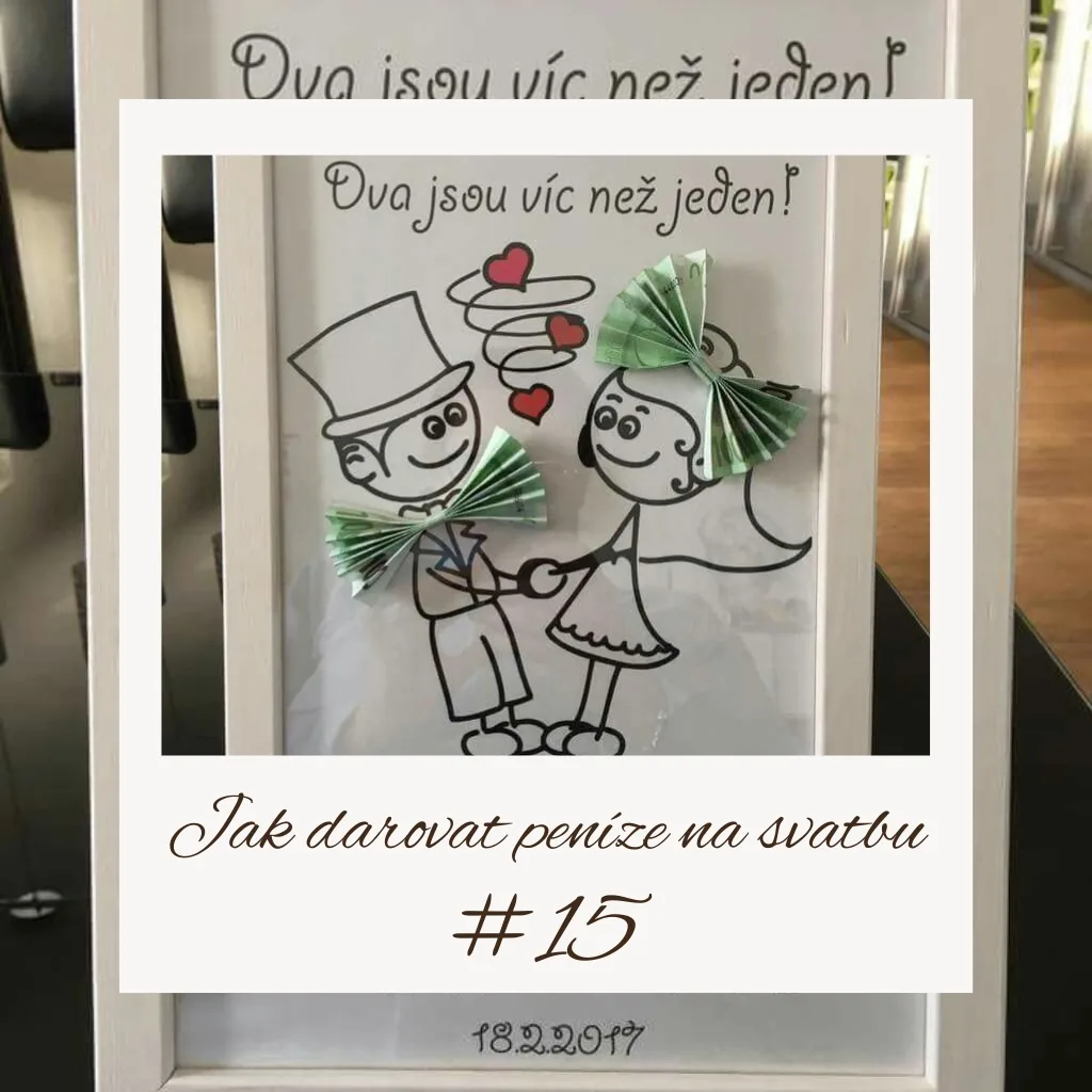 Obrázek s novomanželi a bankovkovými doplňky - nápad jak darovat peníze na svatbu