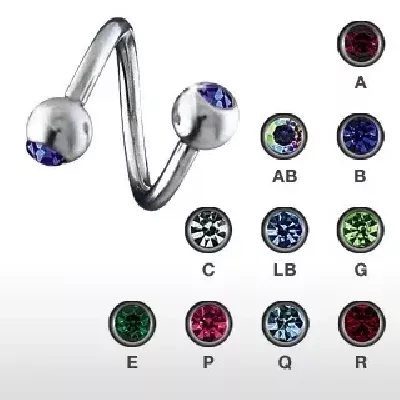 Piercing do obočí spirála z chirurgické oceli s barevným zirkonem